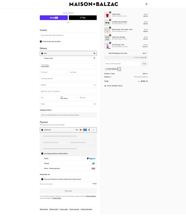 Maison Balzac checkout page showing Maison Balzac discount code box | Screenshot taken by SimplyCodes community member on Jan 12, 2025