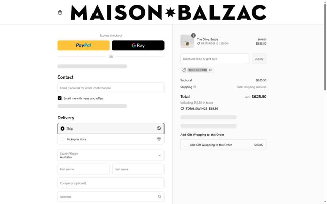 Maison Balzac checkout page showing Maison Balzac discount code box | Screenshot taken by SimplyCodes community member on Jul 9, 2025