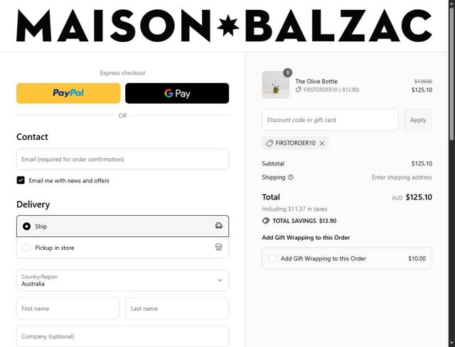Maison Balzac checkout page showing Maison Balzac discount code box | Screenshot taken by SimplyCodes community member on Jul 9, 2025