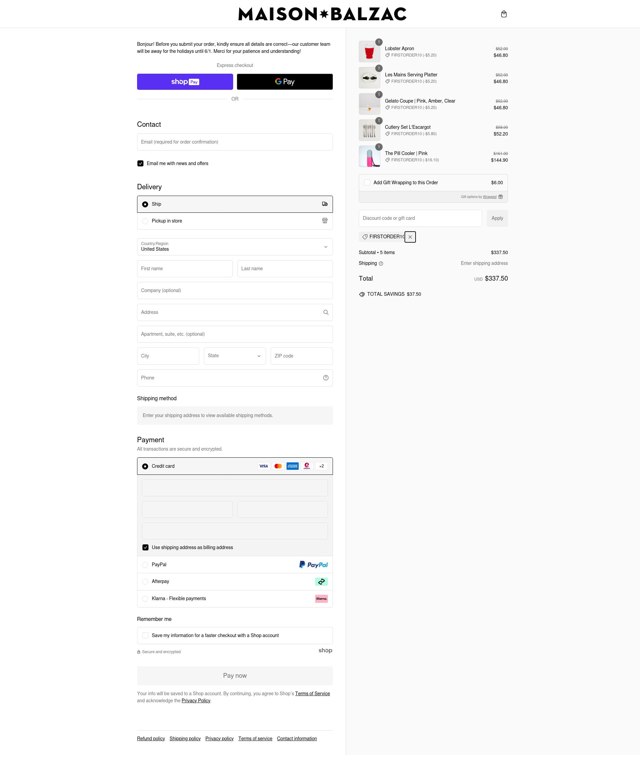 Maison Balzac checkout page showing Maison Balzac discount code box | Screenshot taken by SimplyCodes community member on Jan 2, 2025