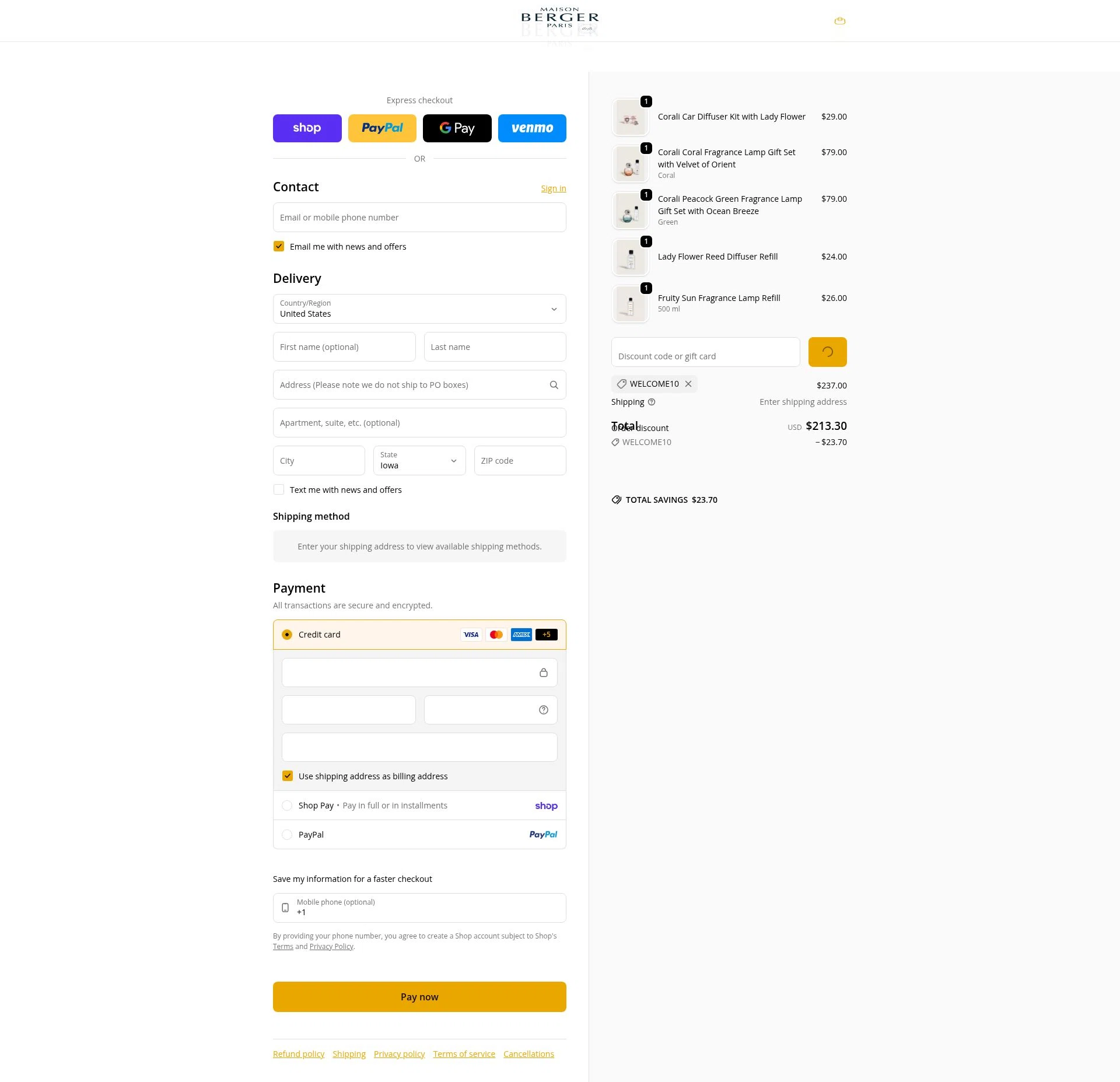 Maison Berger checkout page showing Maison Berger discount code box | Screenshot taken by SimplyCodes community member on Feb 5, 2026