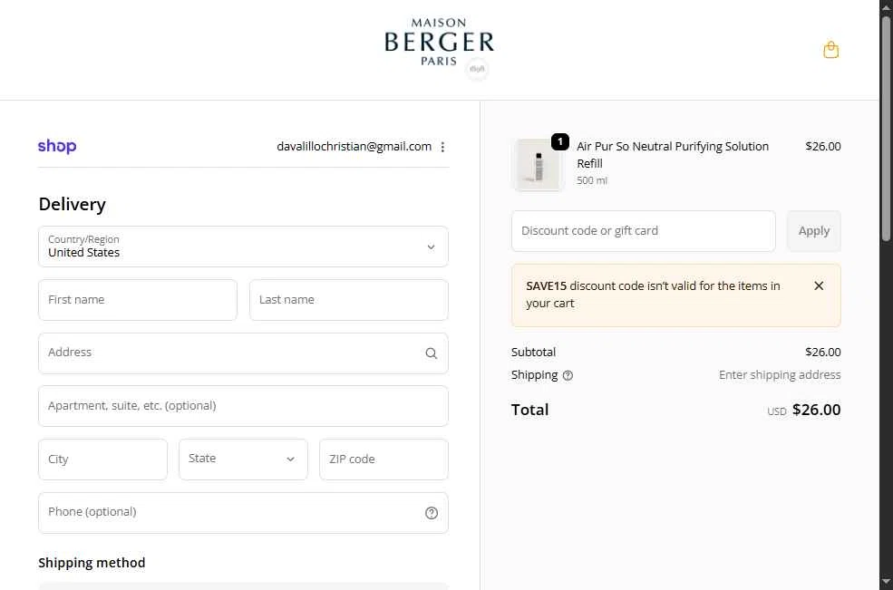 Maison Berger checkout page showing Maison Berger discount code box | Screenshot taken by SimplyCodes community member on Jan 29, 2026