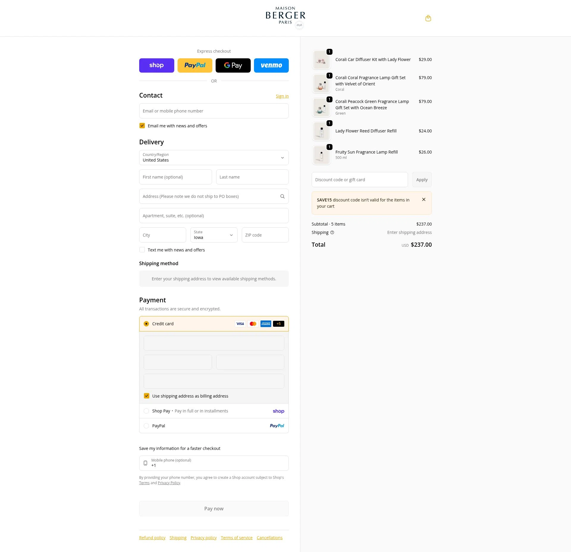 Maison Berger checkout page showing Maison Berger discount code box | Screenshot taken by SimplyCodes community member on Feb 5, 2026