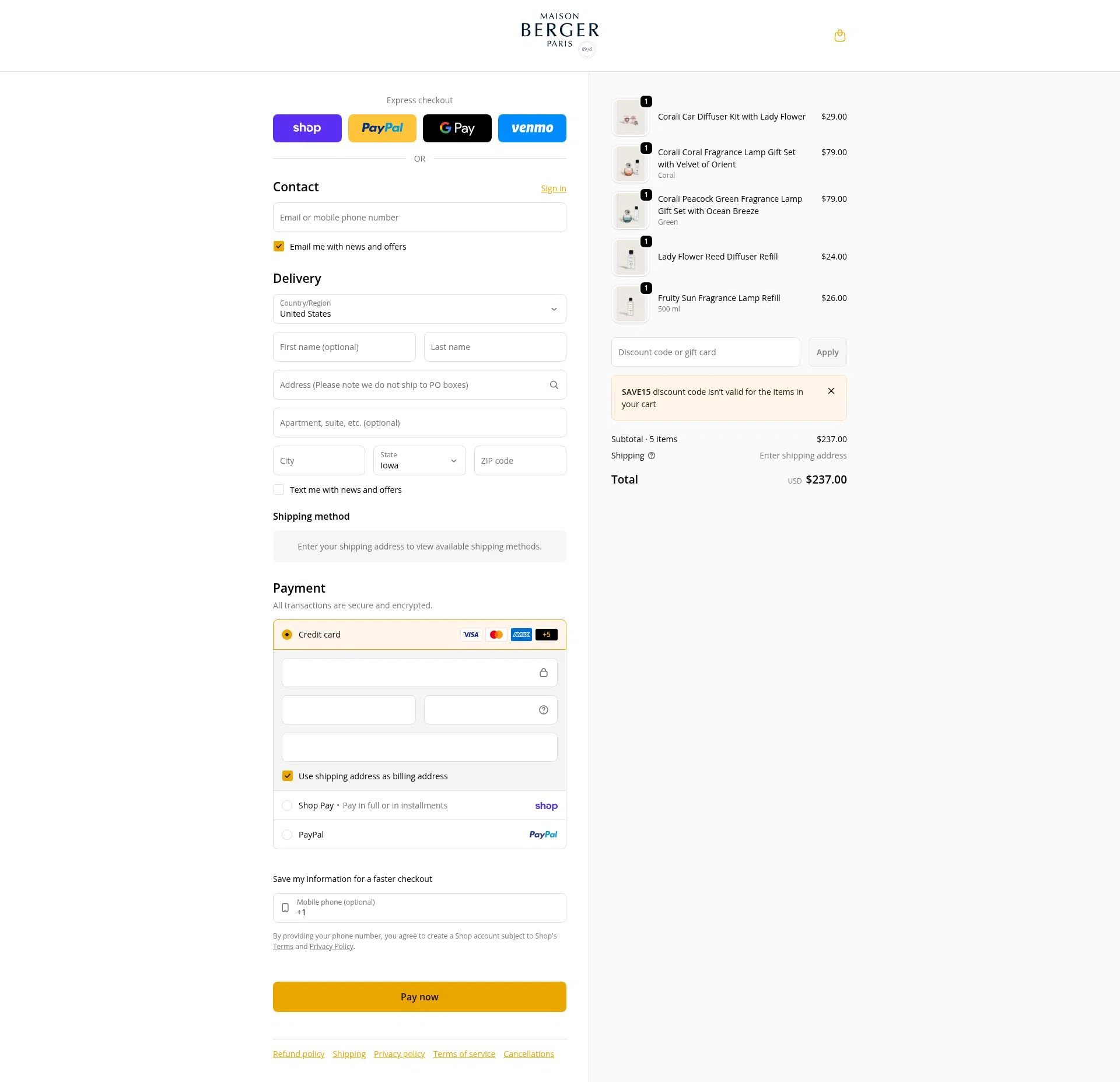 Maison Berger checkout page showing Maison Berger discount code box | Screenshot taken by SimplyCodes community member on Feb 1, 2026