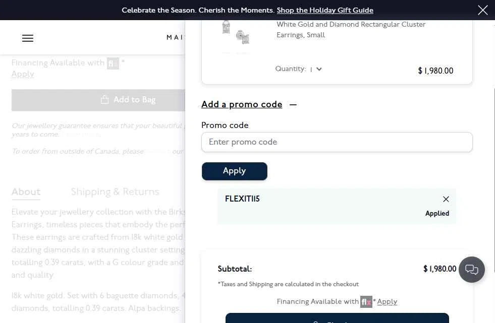 Maison Birks checkout page showing Maison Birks promo code box | Screenshot taken by SimplyCodes community member on Nov 13, 2025