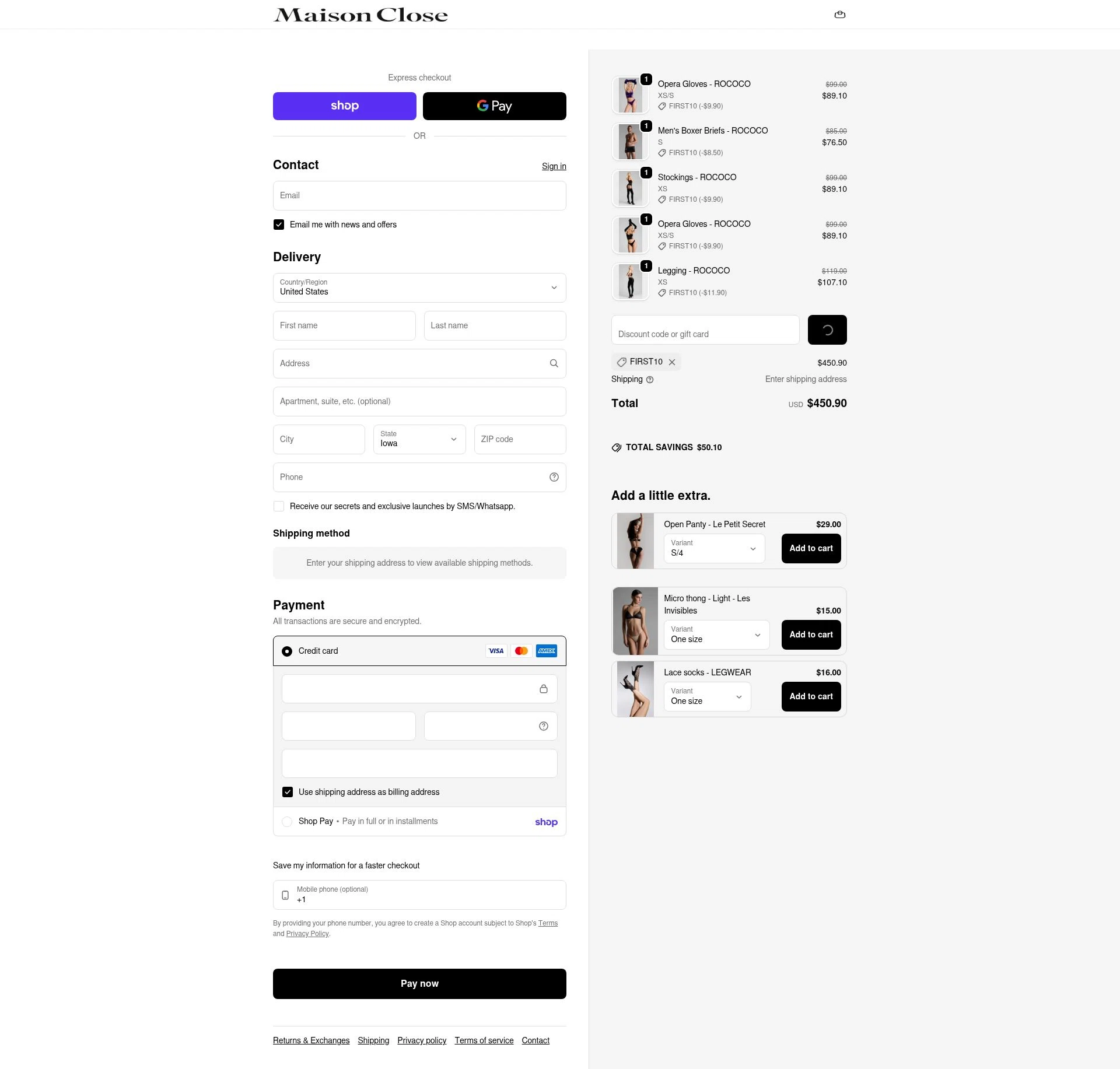 Maison Close checkout page showing Maison Close promo code box | Screenshot taken by SimplyCodes community member on Feb 8, 2026