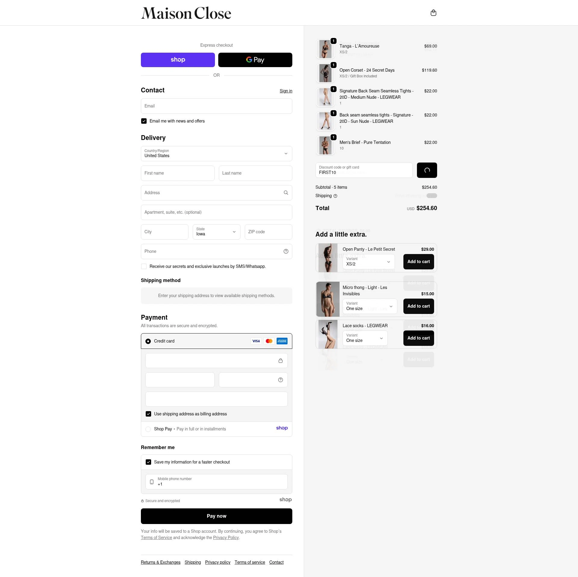 Maison Close checkout page showing Maison Close promo code box | Screenshot taken by SimplyCodes community member on Jan 16, 2026