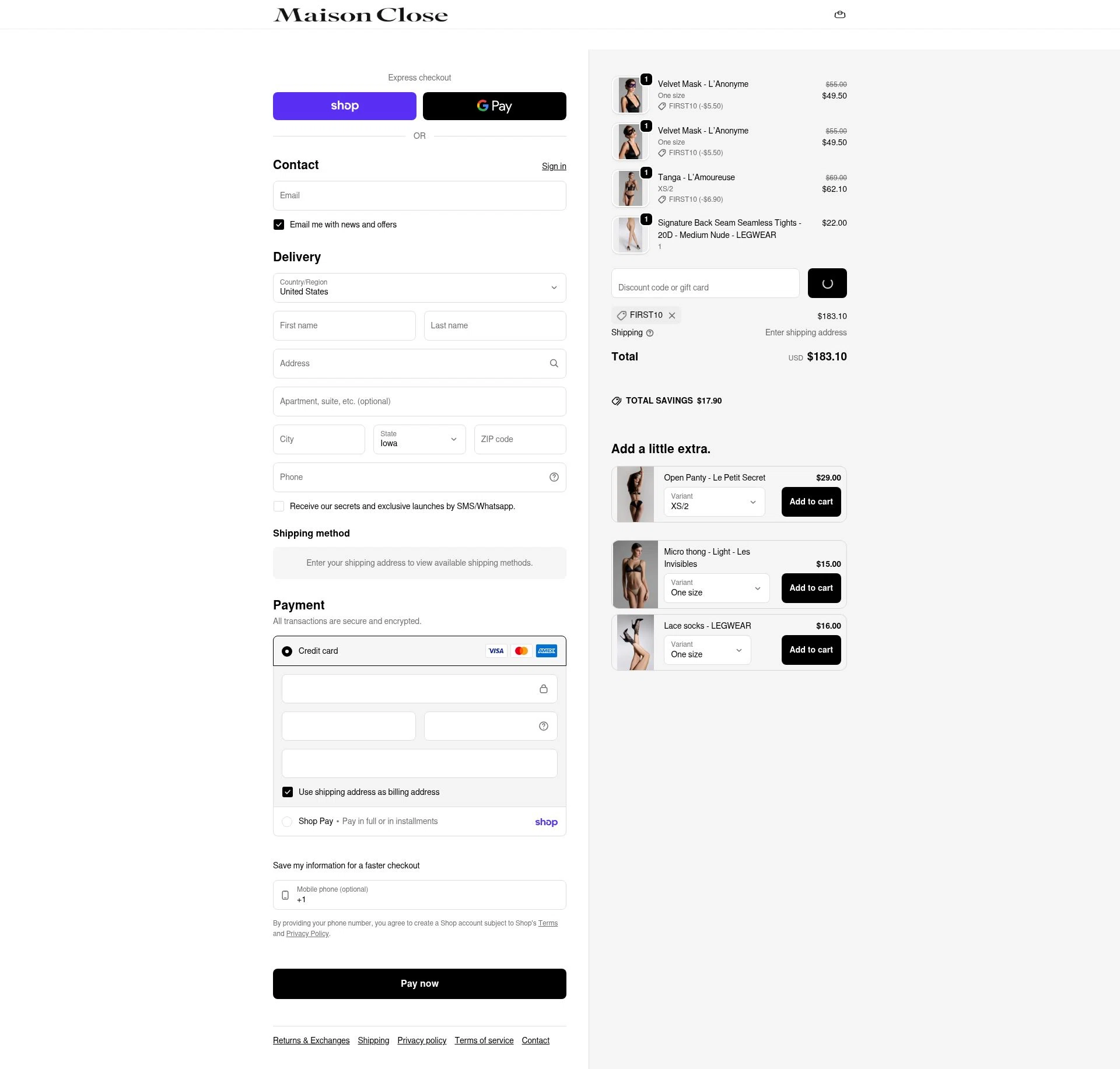 Maison Close checkout page showing Maison Close promo code box | Screenshot taken by SimplyCodes community member on Jan 30, 2026