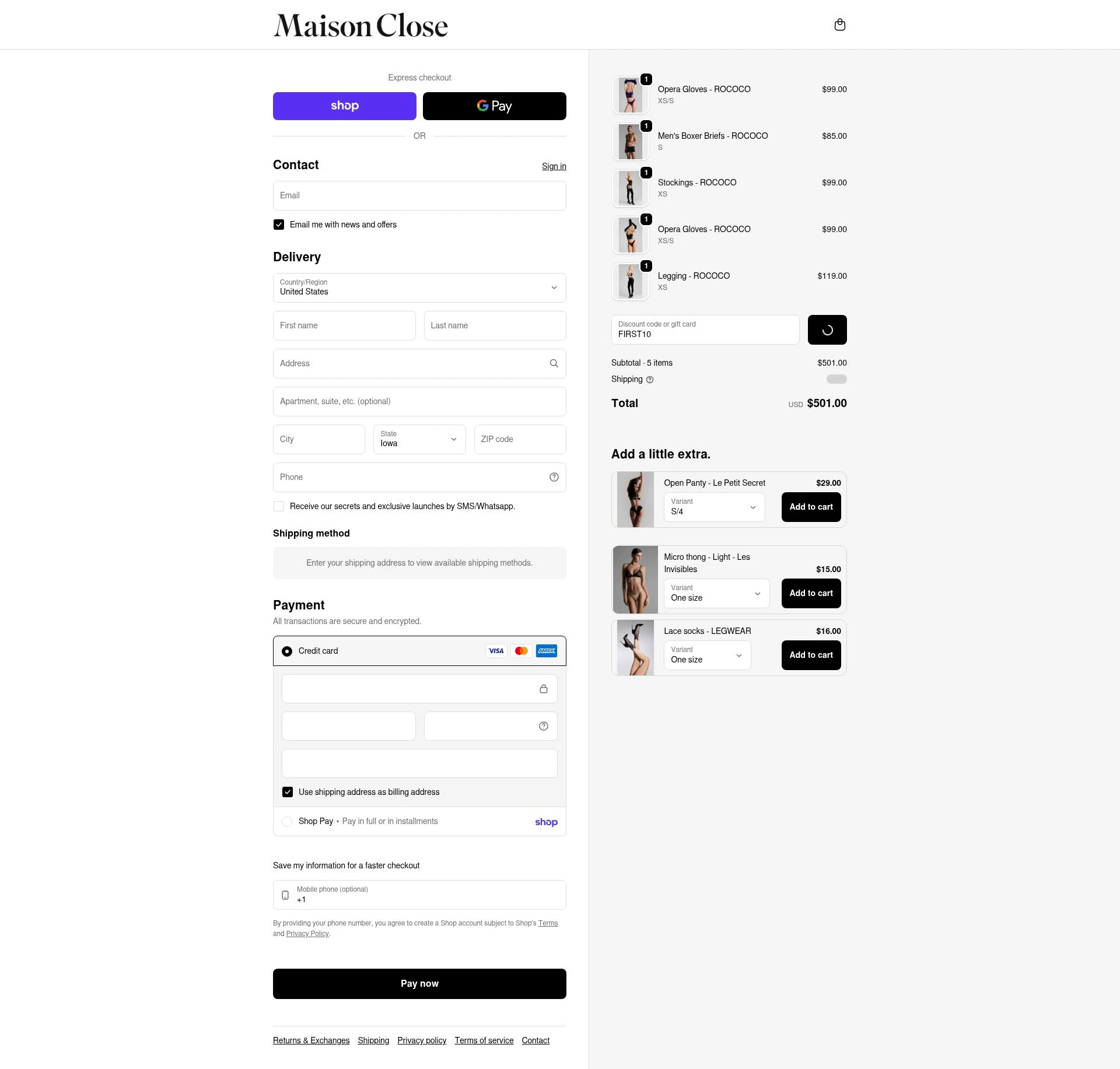 Maison Close checkout page showing Maison Close promo code box | Screenshot taken by SimplyCodes community member on Feb 4, 2026