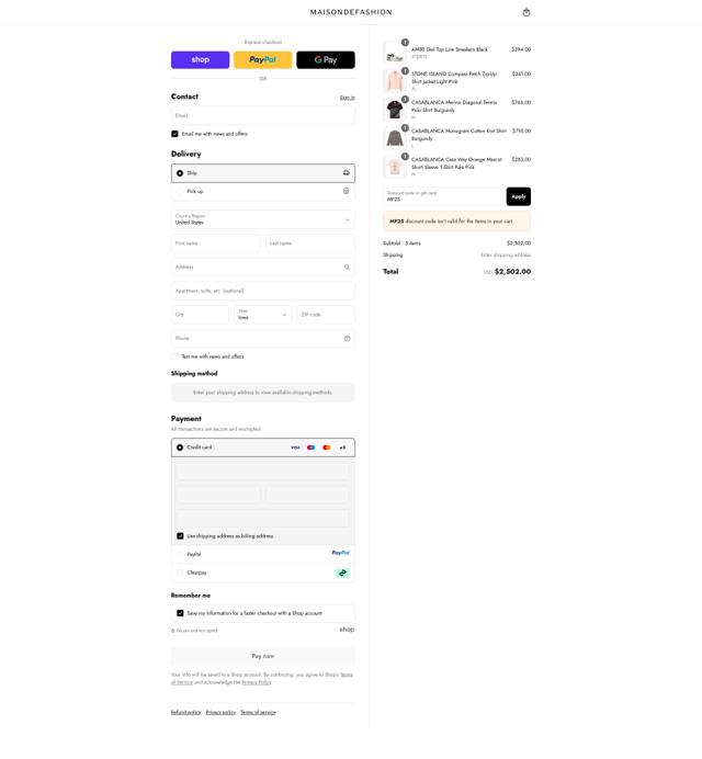 Maison De Fashion checkout page showing Maison De Fashion discount code box | Screenshot taken by SimplyCodes community member on Sep 11, 2025
