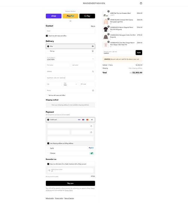 Maison De Fashion checkout page showing Maison De Fashion discount code box | Screenshot taken by SimplyCodes community member on Sep 11, 2025