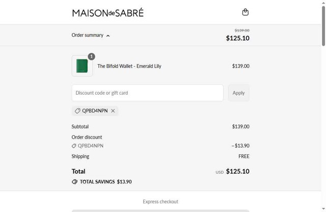 Maison de Sabre checkout page showing Maison de Sabre discount code box | Screenshot taken by SimplyCodes community member on Sep 1, 2025