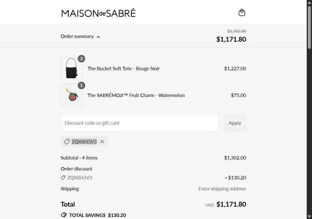 Maison de Sabre checkout page showing Maison de Sabre discount code box | Screenshot taken by SimplyCodes community member on Aug 26, 2025