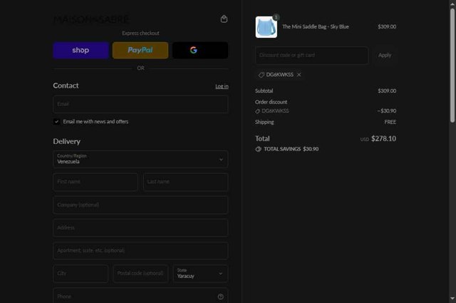 Maison de Sabre checkout page showing Maison de Sabre discount code box | Screenshot taken by SimplyCodes community member on Sep 2, 2025