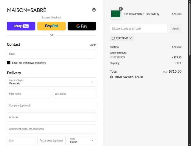 Maison de Sabre checkout page showing Maison de Sabre discount code box | Screenshot taken by SimplyCodes community member on Aug 23, 2025