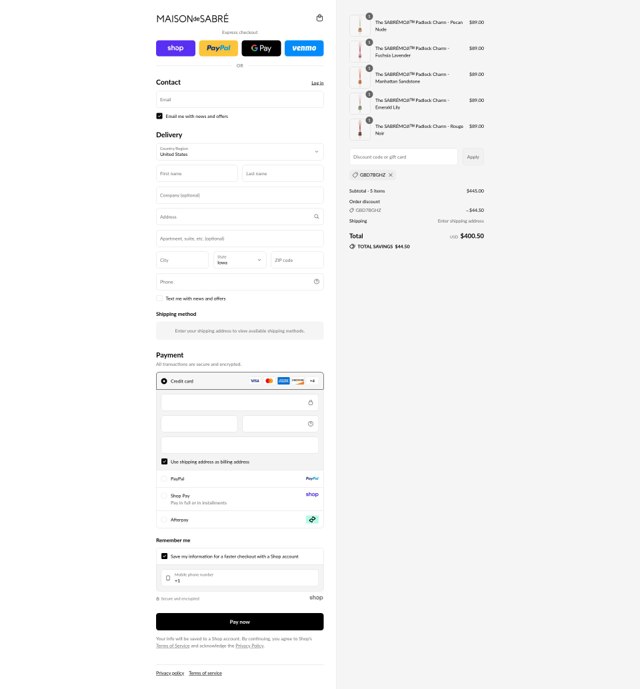Maison de Sabre checkout page showing Maison de Sabre discount code box | Screenshot taken by SimplyCodes community member on Sep 3, 2025