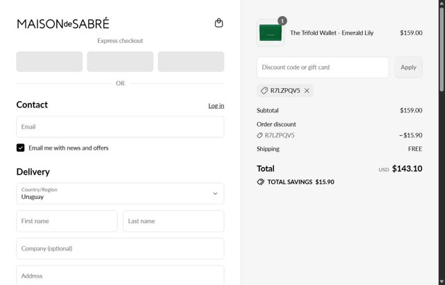 Maison de Sabre checkout page showing Maison de Sabre discount code box | Screenshot taken by SimplyCodes community member on Sep 3, 2025
