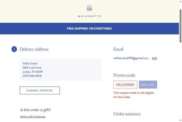 Maisonette checkout page showing Maisonette promo code box | Screenshot taken by SimplyCodes community member on Jul 12, 2025