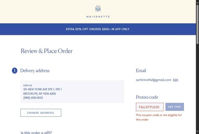 Maisonette checkout page showing Maisonette promo code box | Screenshot taken by SimplyCodes community member on Aug 10, 2025