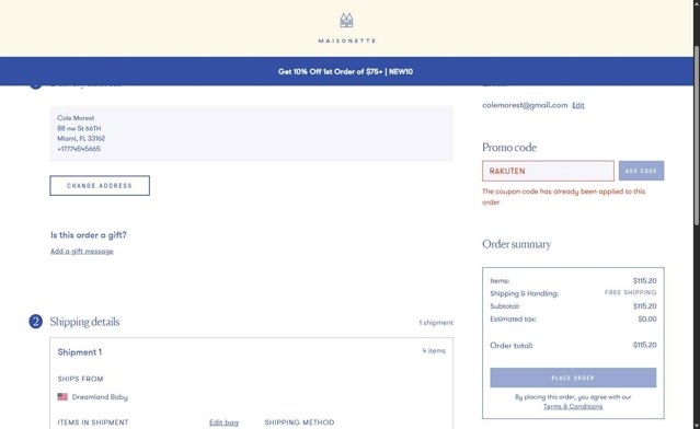 Maisonette checkout page showing Maisonette promo code box | Screenshot taken by SimplyCodes community member on Aug 25, 2025