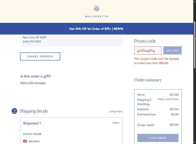 Maisonette checkout page showing Maisonette promo code box | Screenshot taken by SimplyCodes community member on Aug 23, 2025