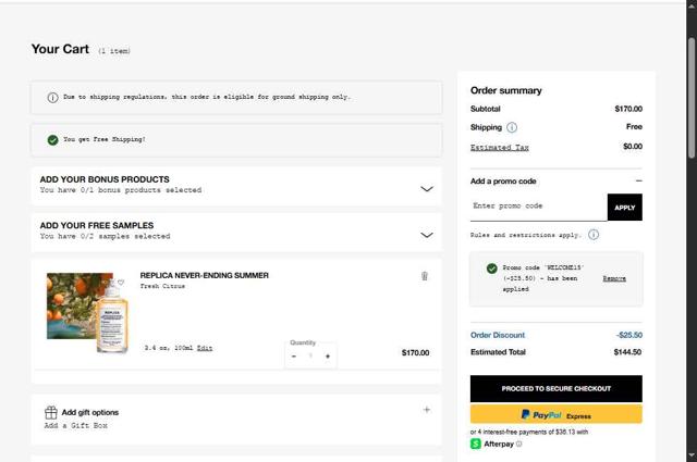Maison Margiela Fragrances checkout page showing Maison Margiela Fragrances promo code box | Screenshot taken by SimplyCodes community member on Aug 20, 2025