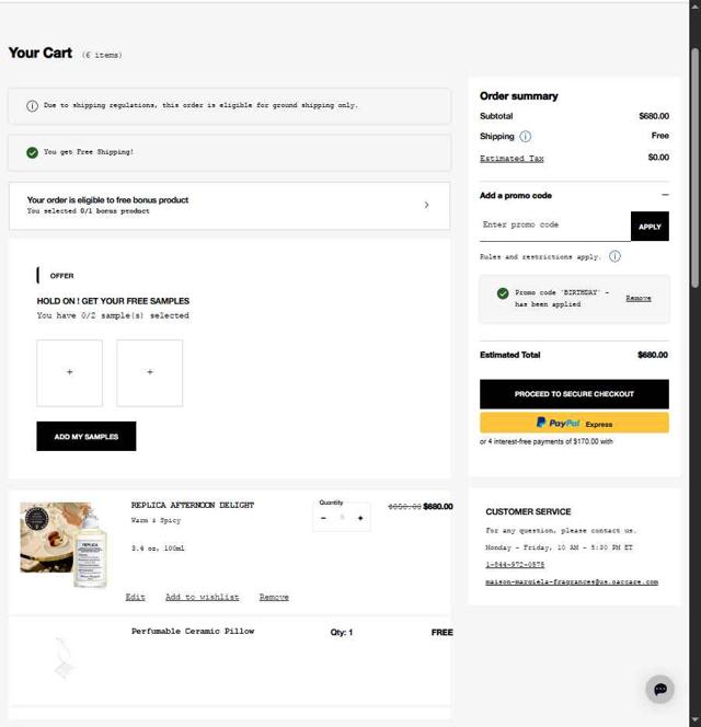 Maison Margiela Fragrances checkout page showing Maison Margiela Fragrances promo code box | Screenshot taken by SimplyCodes community member on Aug 10, 2025