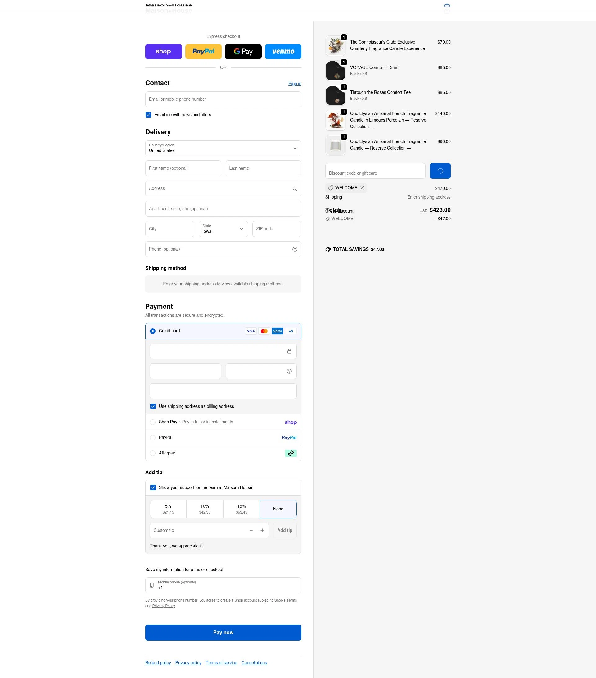 Maison House checkout page showing Maison House promo code box | Screenshot taken by SimplyCodes community member on Feb 5, 2026