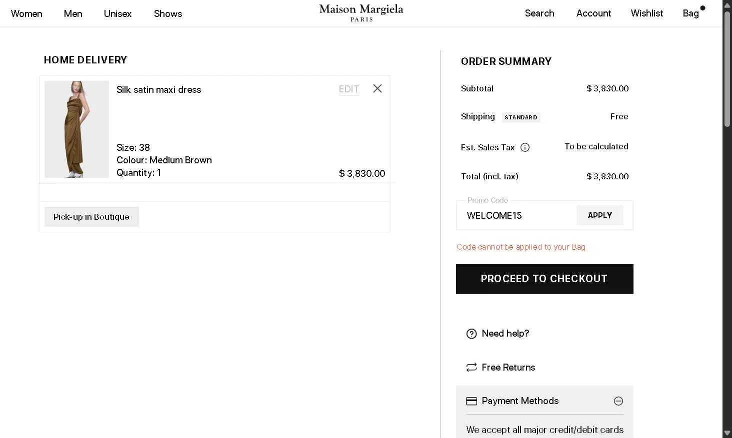 Maison Margiela checkout page showing Maison Margiela promo code box | Screenshot taken by SimplyCodes community member on Nov 10, 2025