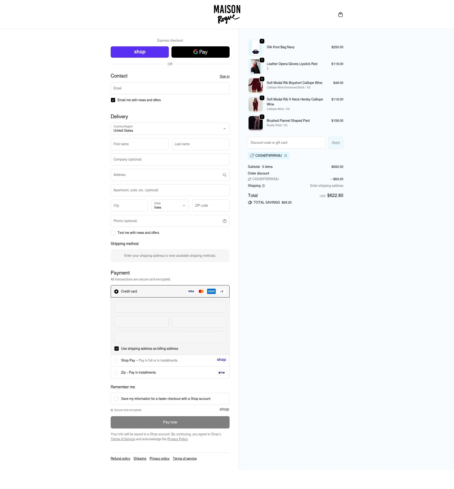 Maison Rogue checkout page showing Maison Rogue promo code box | Screenshot taken by SimplyCodes community member on Dec 5, 2025