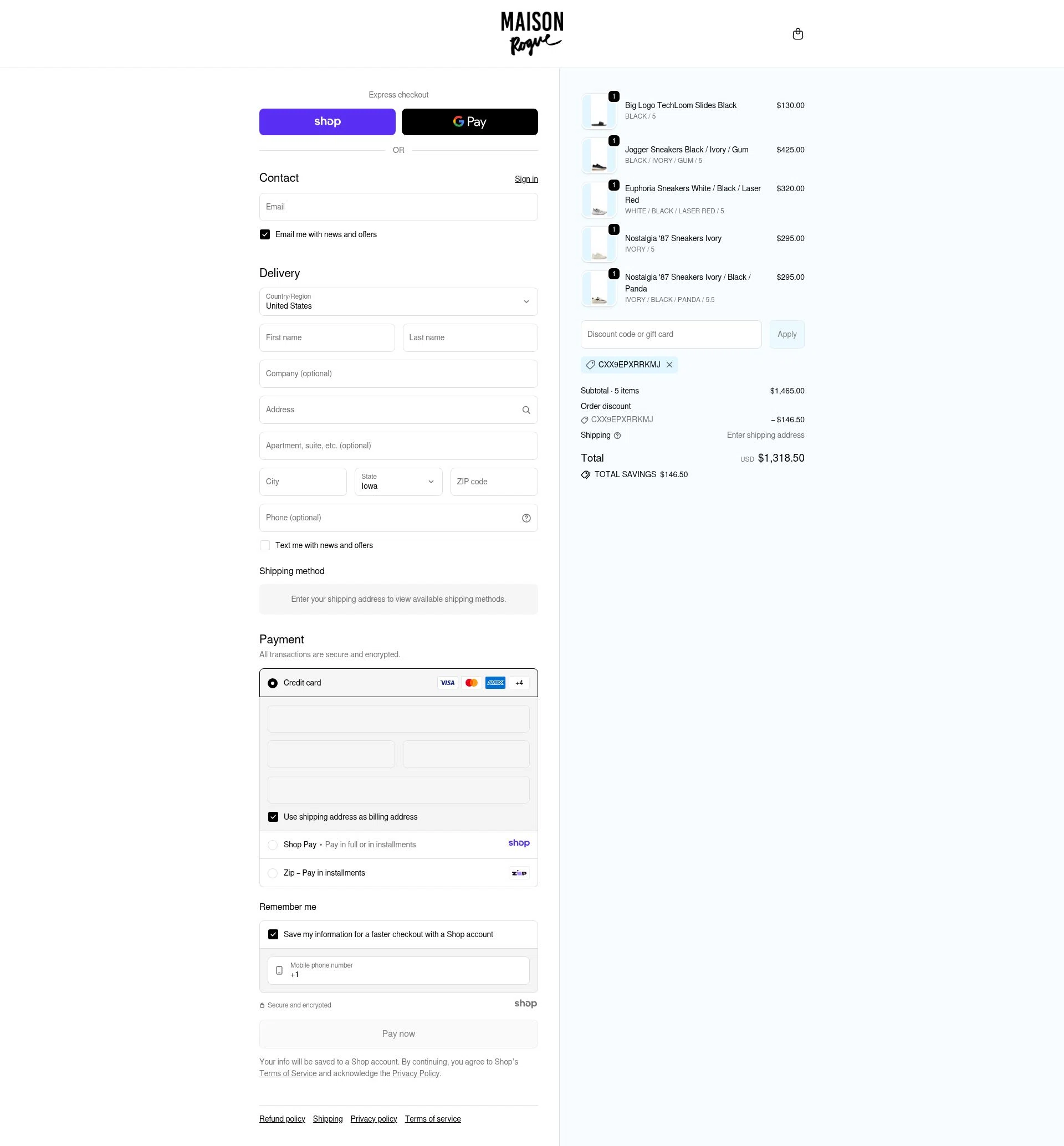Maison Rogue checkout page showing Maison Rogue promo code box | Screenshot taken by SimplyCodes community member on Nov 9, 2025