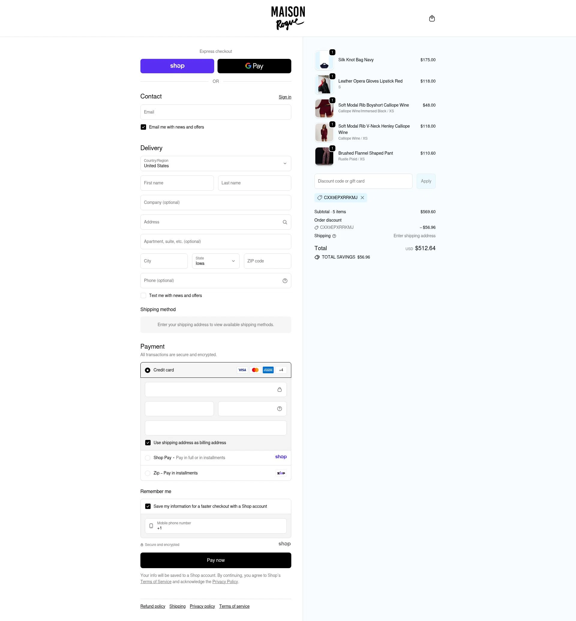 Maison Rogue checkout page showing Maison Rogue promo code box | Screenshot taken by SimplyCodes community member on Nov 30, 2025