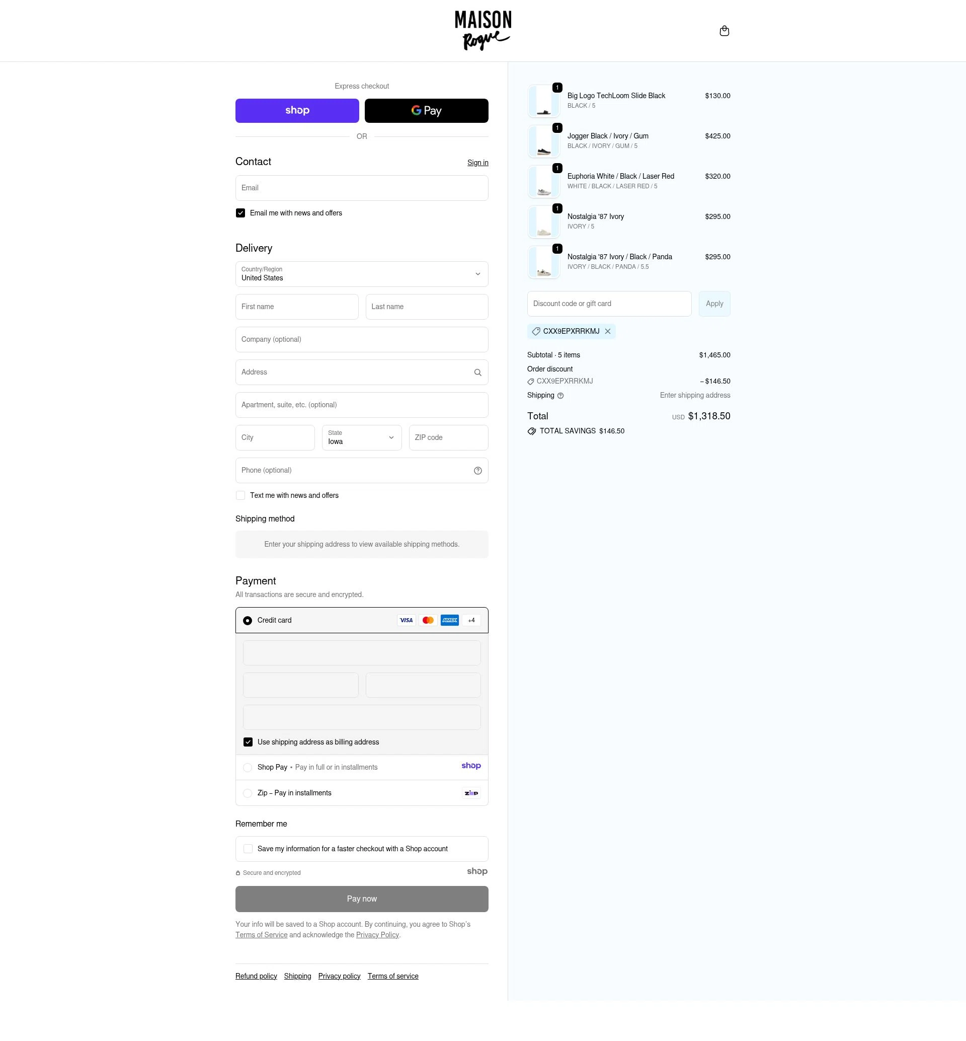 Maison Rogue checkout page showing Maison Rogue promo code box | Screenshot taken by SimplyCodes community member on Nov 3, 2025