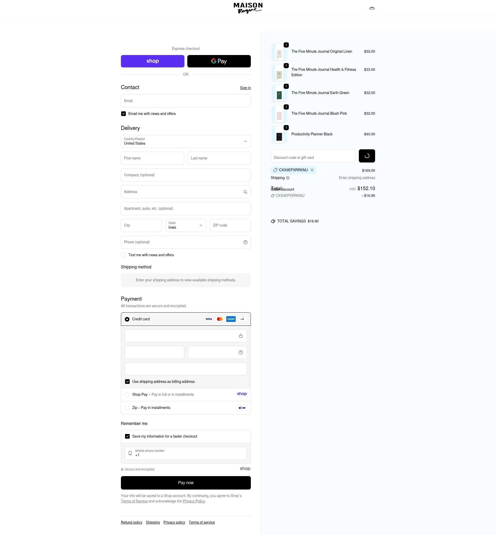 Maison Rogue checkout page showing Maison Rogue promo code box | Screenshot taken by SimplyCodes community member on Dec 29, 2025