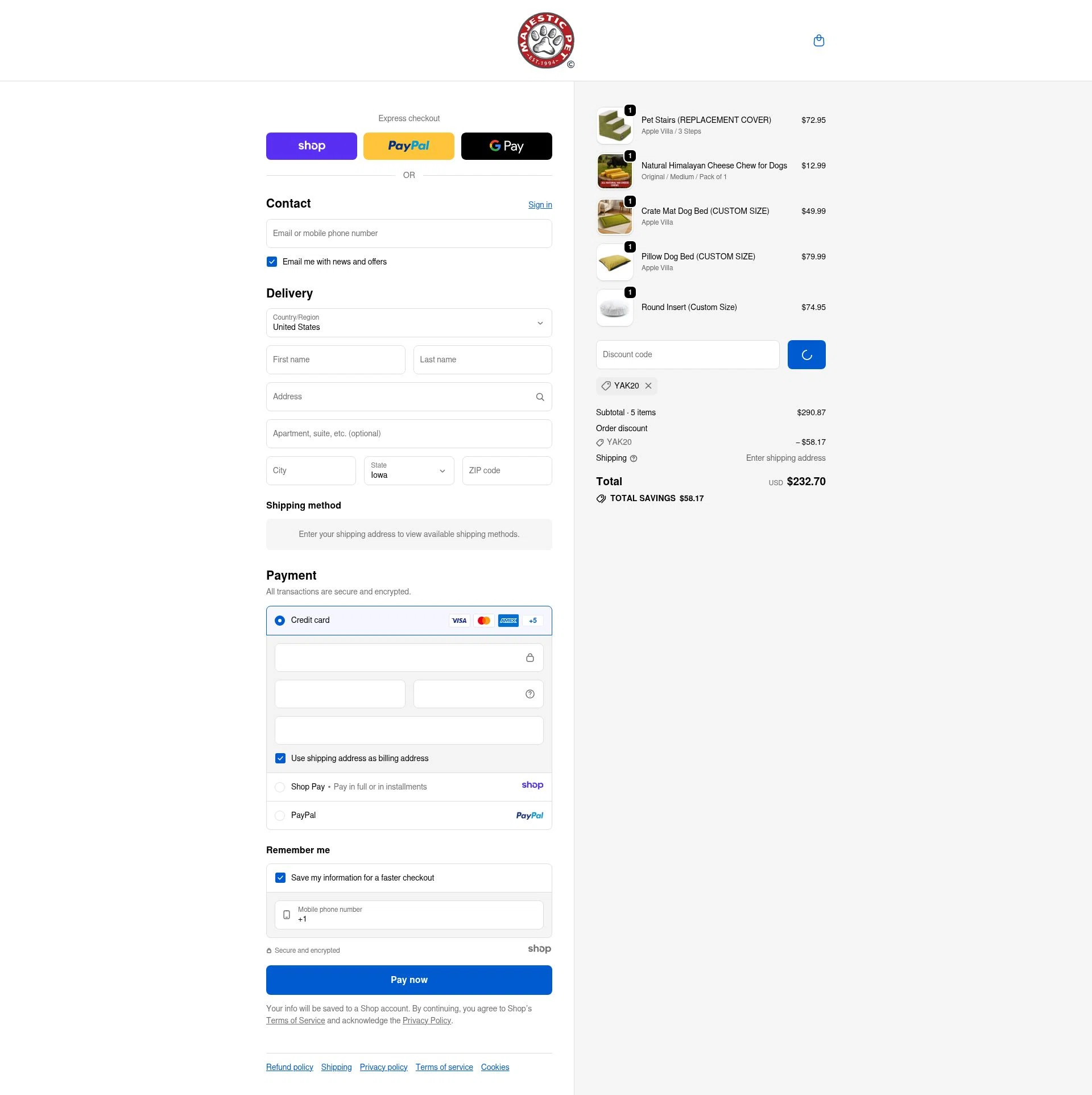 Majestic Pet checkout page showing Majestic Pet coupon code box | Screenshot taken by SimplyCodes community member on Jan 8, 2026