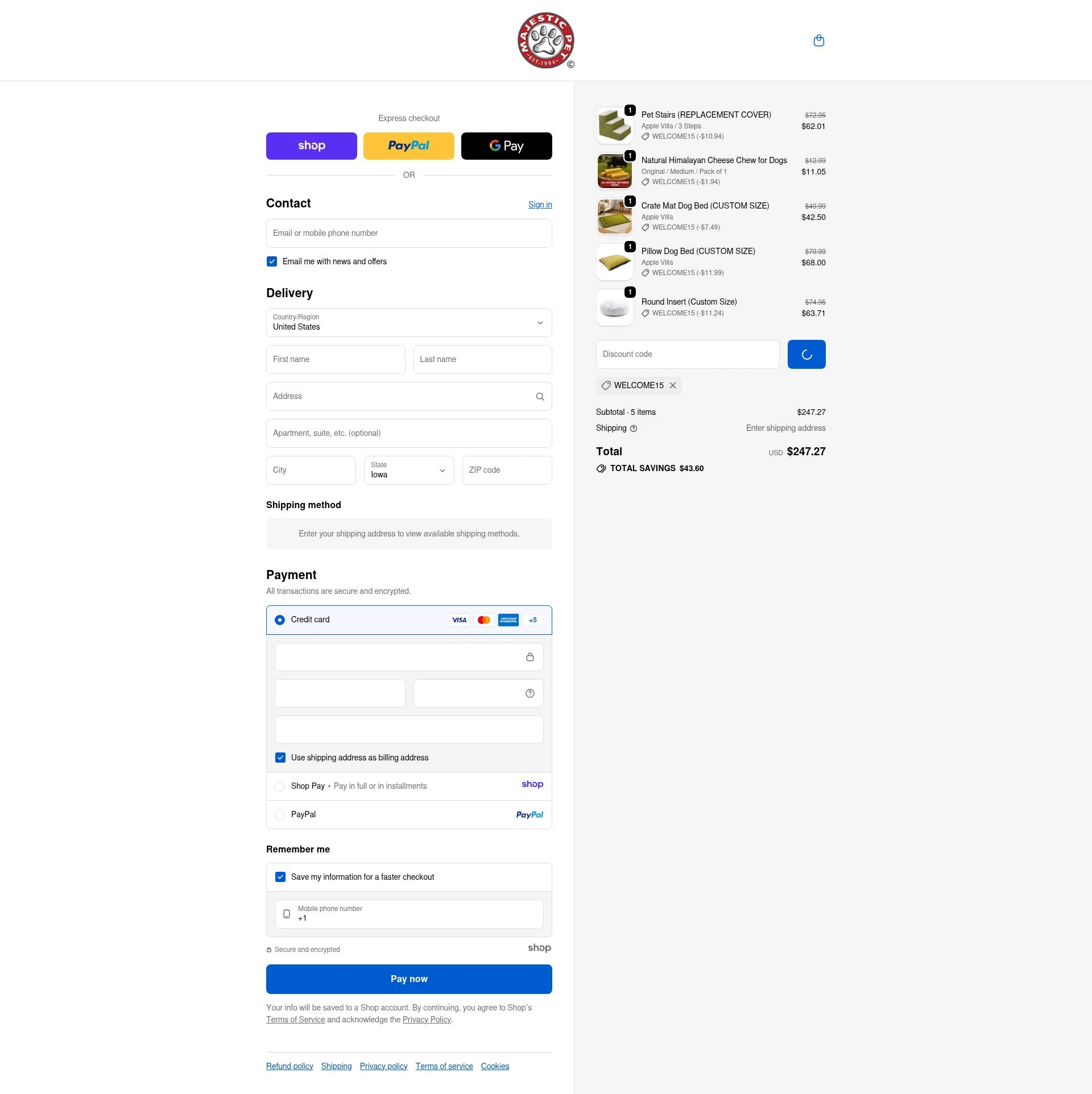 Majestic Pet checkout page showing Majestic Pet coupon code box | Screenshot taken by SimplyCodes community member on Jan 3, 2026