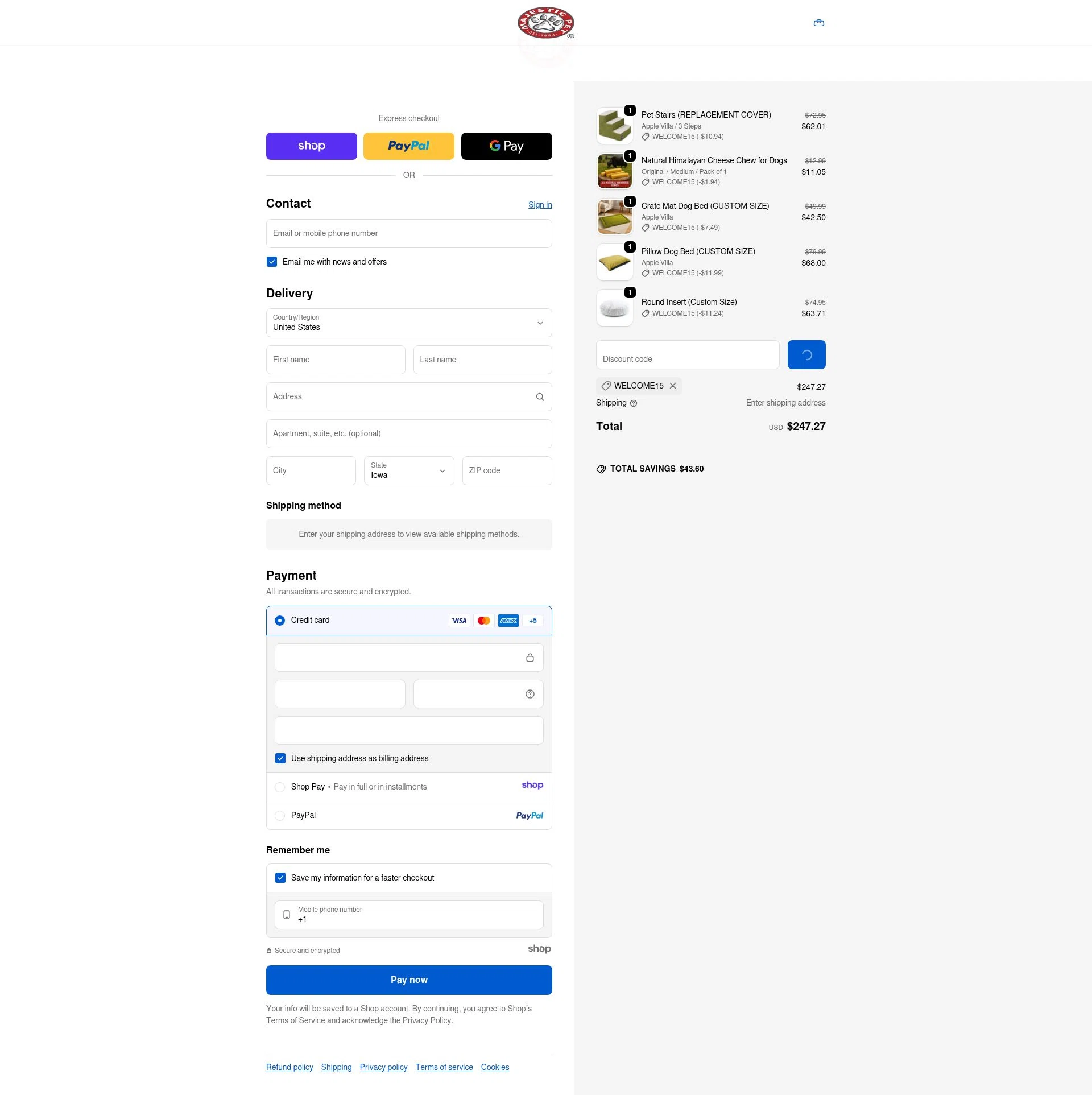 Majestic Pet checkout page showing Majestic Pet coupon code box | Screenshot taken by SimplyCodes community member on Jan 8, 2026