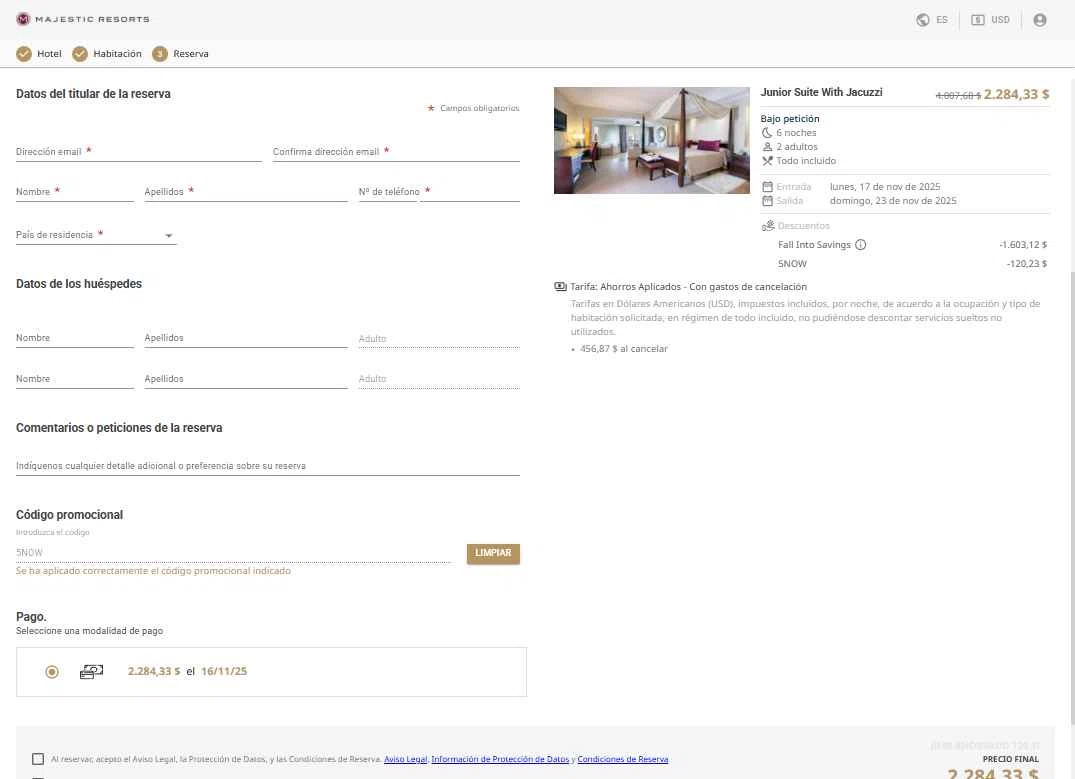 Majestic Resorts checkout page showing Majestic Resorts promo code box | Screenshot taken by SimplyCodes community member on Nov 17, 2025