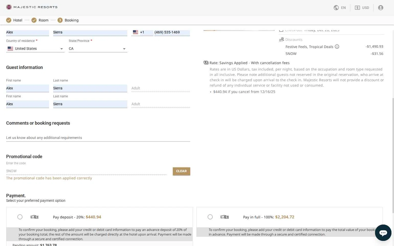 Majestic Resorts checkout page showing Majestic Resorts promo code box | Screenshot taken by SimplyCodes community member on Dec 15, 2025