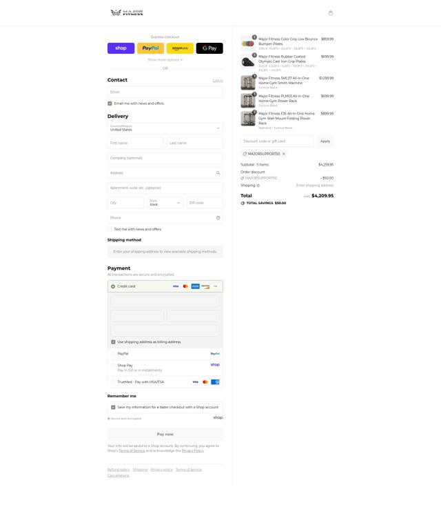 MAJOR FITNESS checkout page showing MAJOR FITNESS discount code box | Screenshot taken by SimplyCodes community member on Sep 2, 2025