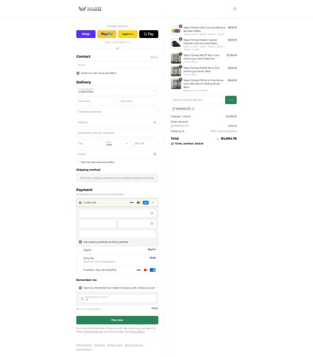 MAJOR FITNESS checkout page showing MAJOR FITNESS discount code box | Screenshot taken by SimplyCodes community member on Sep 10, 2025