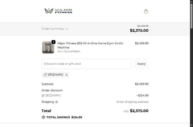MAJOR FITNESS checkout page showing MAJOR FITNESS discount code box | Screenshot taken by SimplyCodes community member on Sep 21, 2025