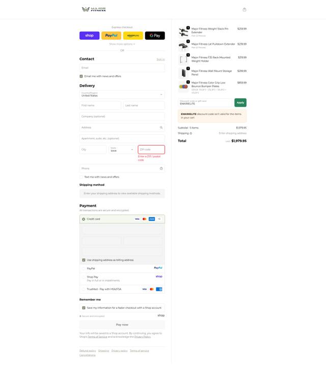 MAJOR FITNESS checkout page showing MAJOR FITNESS discount code box | Screenshot taken by SimplyCodes community member on Sep 23, 2025