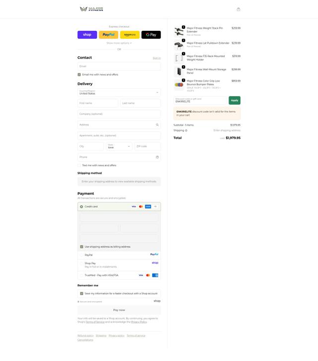 MAJOR FITNESS checkout page showing MAJOR FITNESS discount code box | Screenshot taken by SimplyCodes community member on Sep 19, 2025