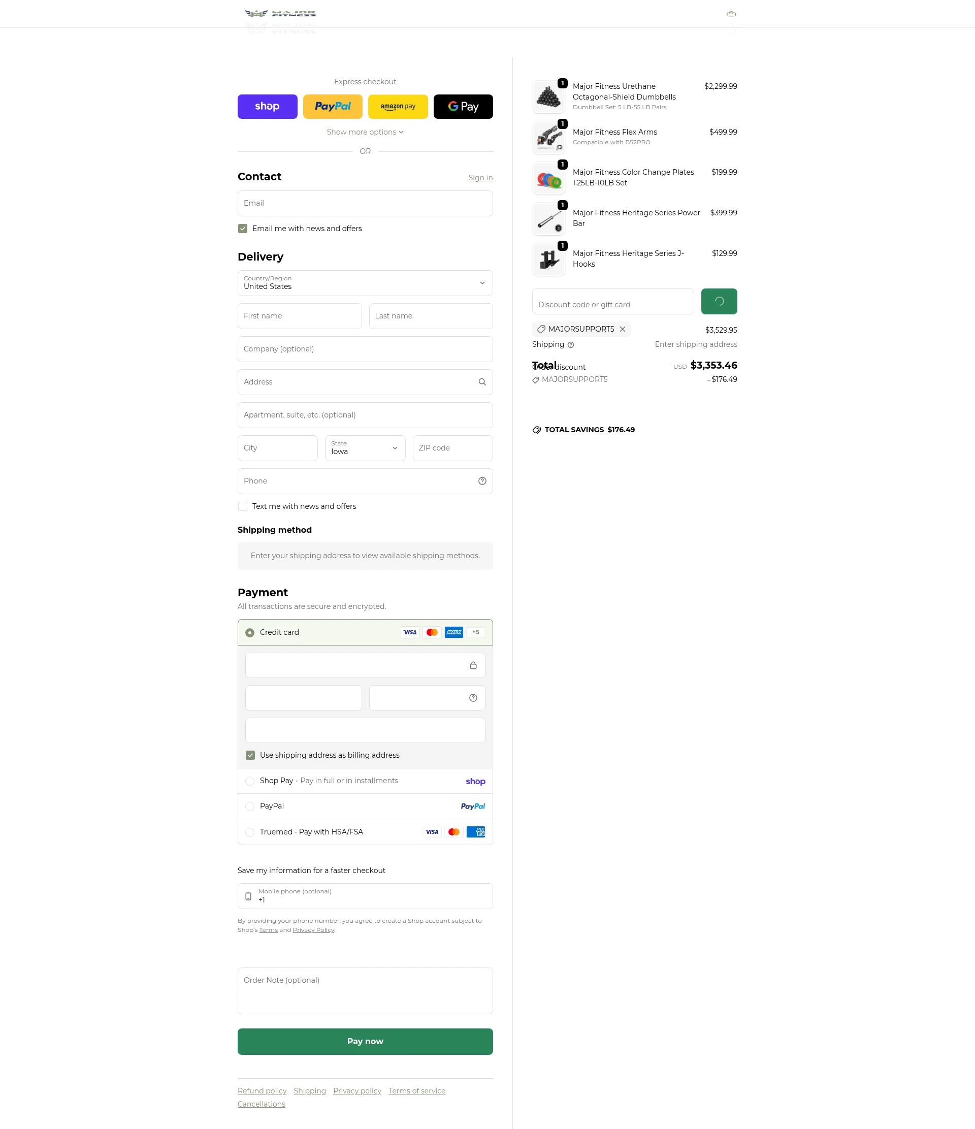 MAJOR FITNESS checkout page showing MAJOR FITNESS discount code box | Screenshot taken by SimplyCodes community member on Feb 3, 2026