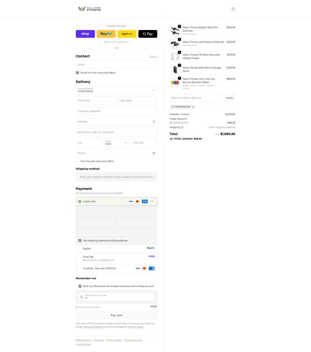 MAJOR FITNESS checkout page showing MAJOR FITNESS discount code box | Screenshot taken by SimplyCodes community member on Oct 1, 2025