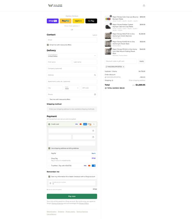 MAJOR FITNESS checkout page showing MAJOR FITNESS discount code box | Screenshot taken by SimplyCodes community member on Aug 25, 2025