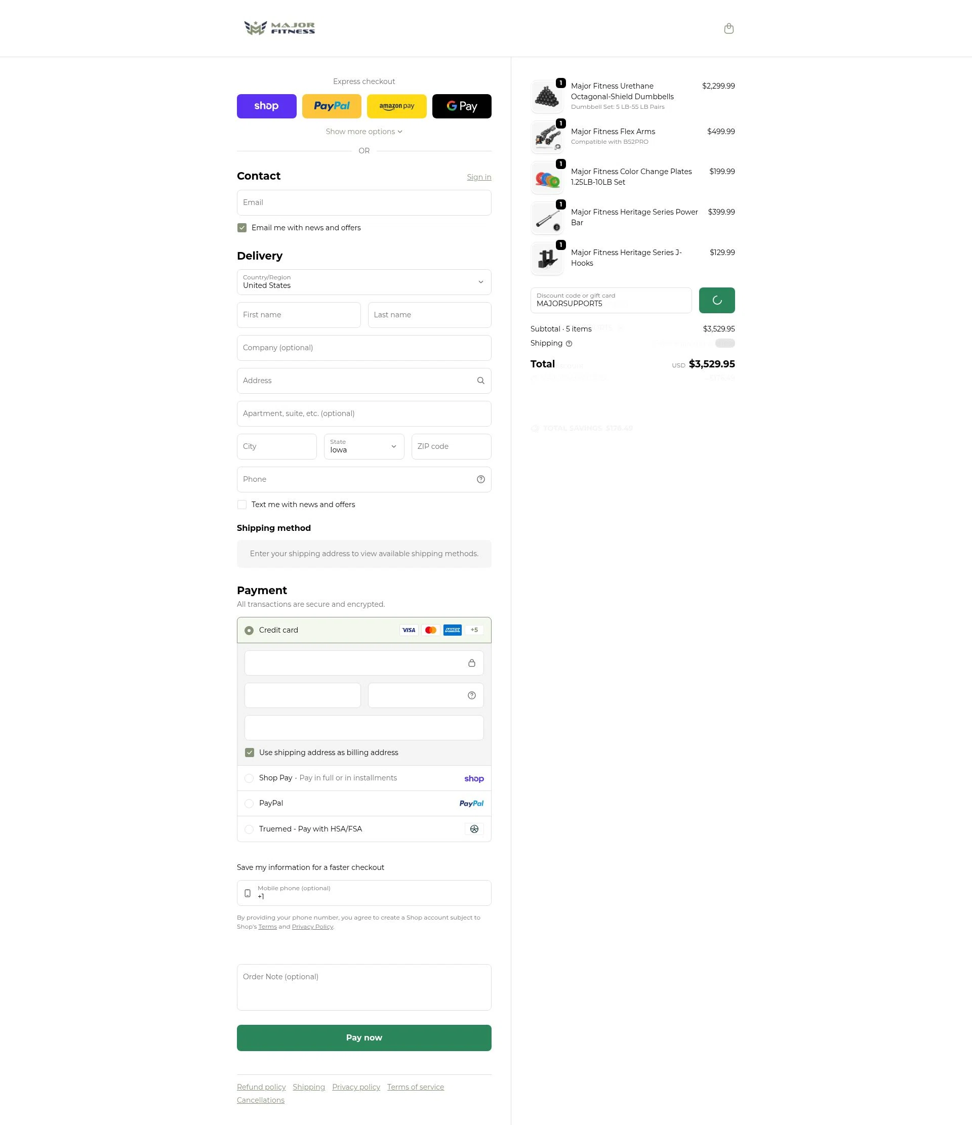 MAJOR FITNESS checkout page showing MAJOR FITNESS discount code box | Screenshot taken by SimplyCodes community member on Feb 20, 2026