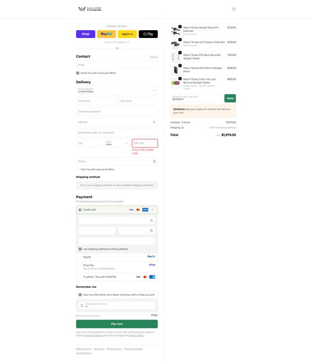 MAJOR FITNESS checkout page showing MAJOR FITNESS discount code box | Screenshot taken by SimplyCodes community member on Sep 23, 2025