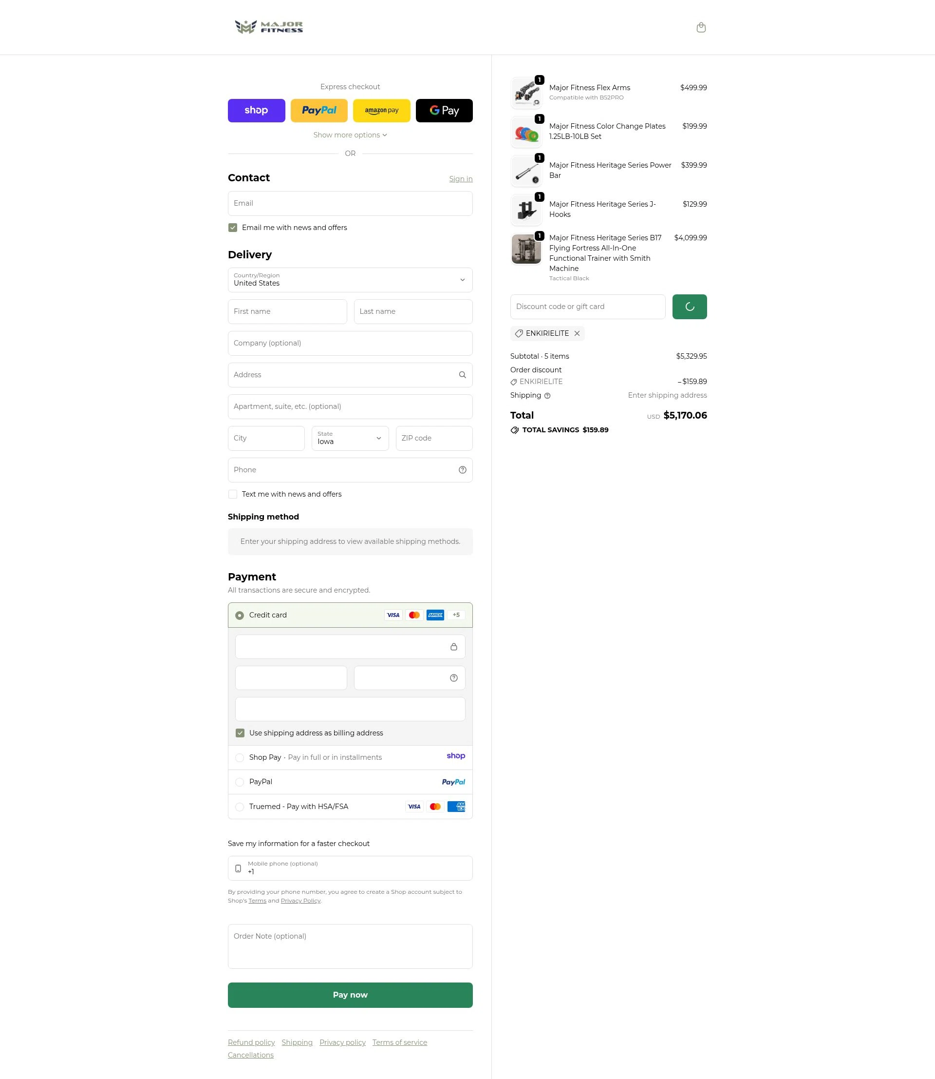 MAJOR FITNESS checkout page showing MAJOR FITNESS discount code box | Screenshot taken by SimplyCodes community member on Jan 10, 2026